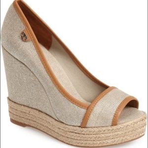 TORY BURCH MAJORCA CANVAS & LEATHER WEDGES SANDALS